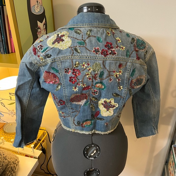 Zara sequin and bead embellished distressed denim jacket - Picture 6 of 6